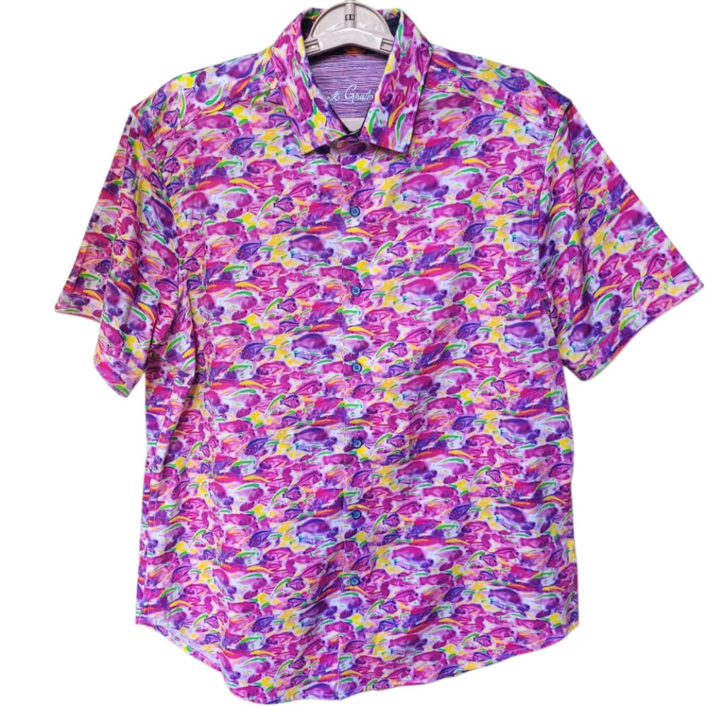 Robert Graham Fishy Business Short Sleeve Button Down Shirt Pink Purple Size M - Picture 2 of 16